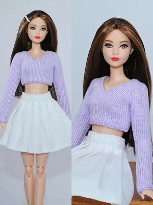 

1/6 Dolls Accessories for Barbie Dress Purple Knitted Sweater White Pleated Skirt for Barbie Doll Clothes 11.5" Doll Outfits Toy