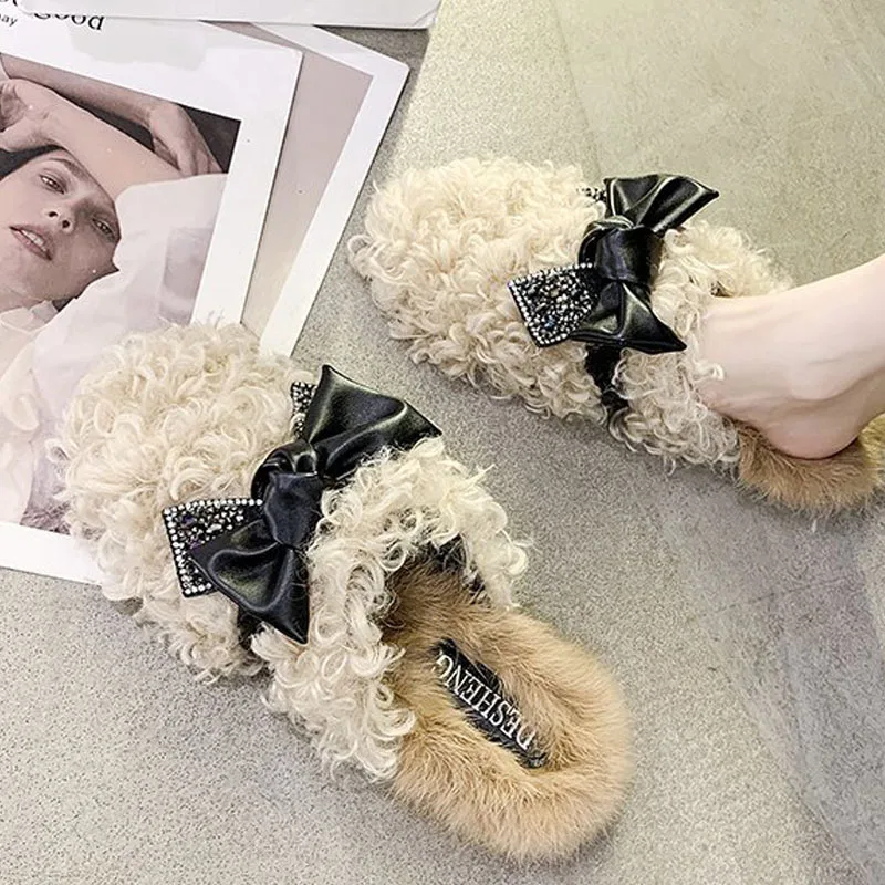 

Домашние женские тапочки с бантом, милые меховые зимние теплые домашние тапочки с круглым носком, Нескользящие мягкие домашние тапочки 2022