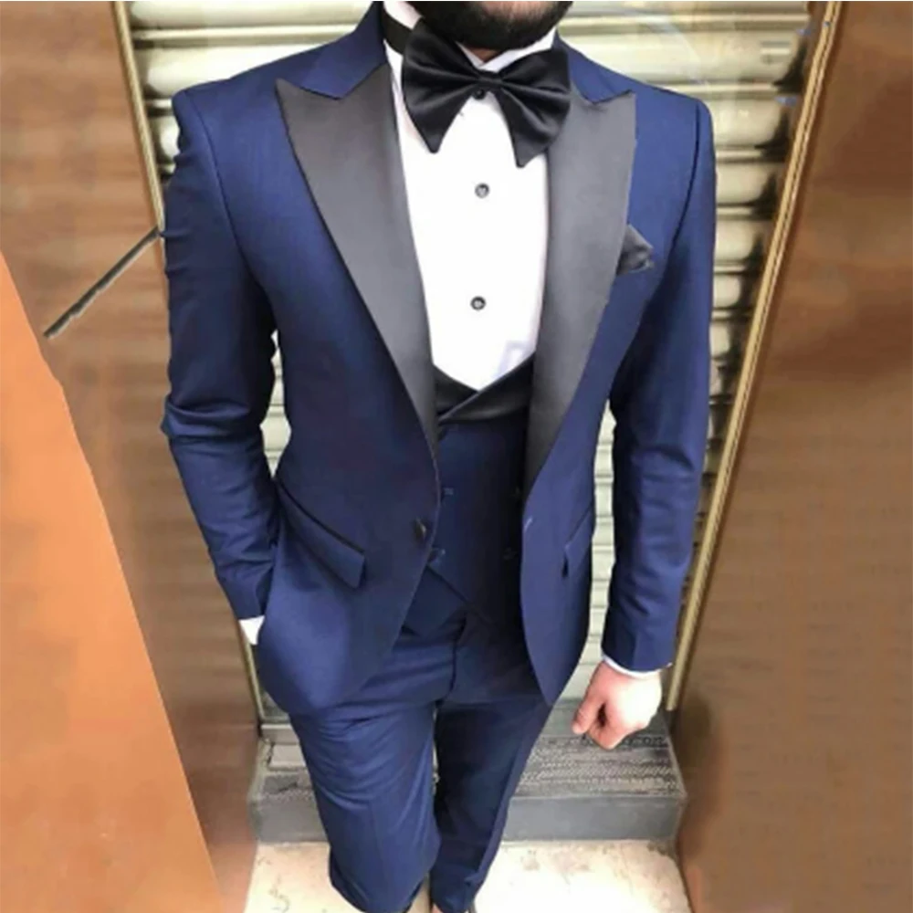 2022 Blue Formal Men Suits Sim Fit for Wedding 3 Pieces Groom Tuxedo Smoking Jacket Vest with Pants Peaked Lapel Custom Costume
