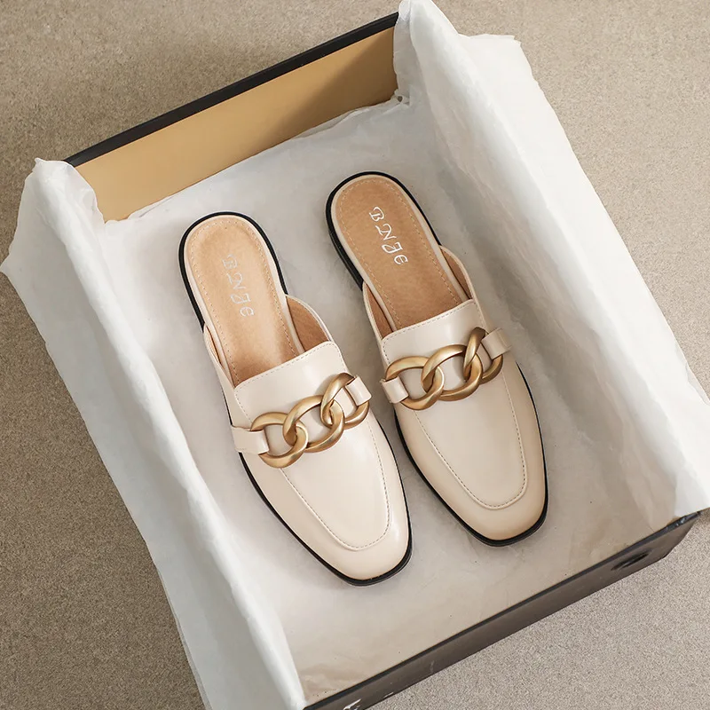 

ZMPDXY Ladies Mules Designer Brand Slides High Quality PU Chain Buckle Mules Women Slip-On Shoes Fashion Casual Outdoor Slippers