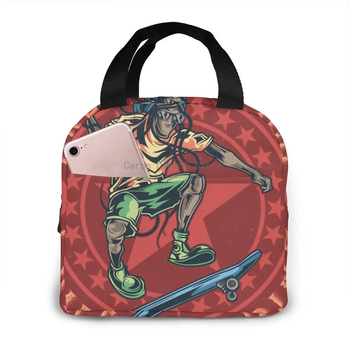 

Man Skateboard Illustration Lunch Food Box Bag Insulated Thermal Food Picnic Lunch Bag for Women kids Men Cooler Tote Bag