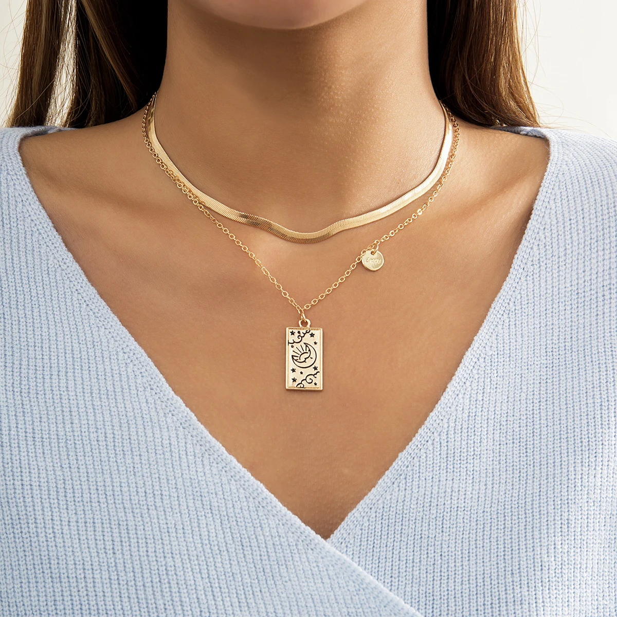 

Layered Chain With Square Pendant Necklace for Women Trendy Snake Chain Choker Necklace on Neck 2022 Fashion Jewelry Girls Gifts
