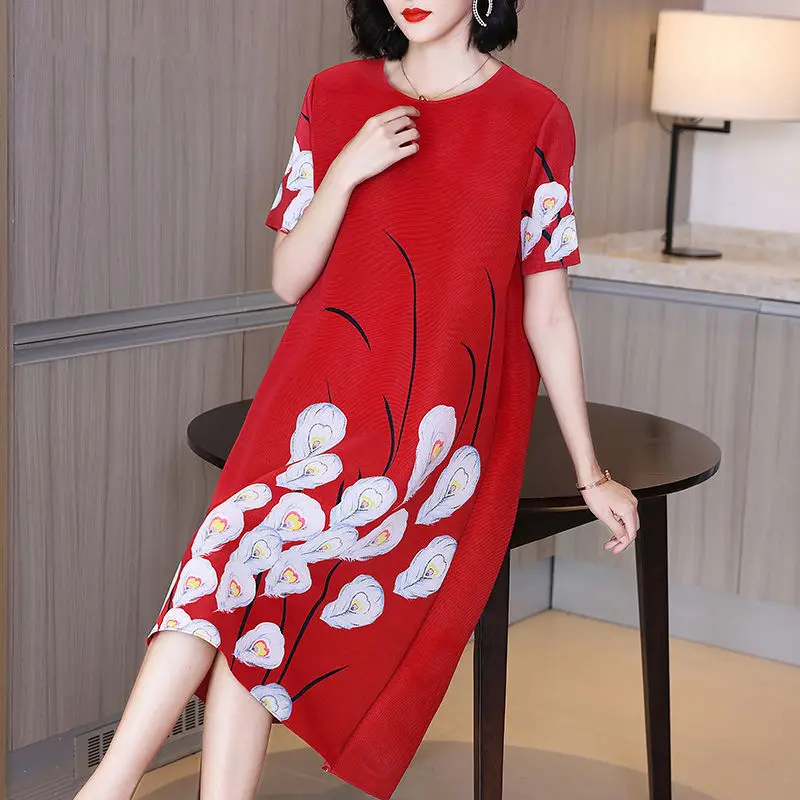 

Fashion printed mother dress pleated dress 2021 summer new style noble lady temperament loose and thin