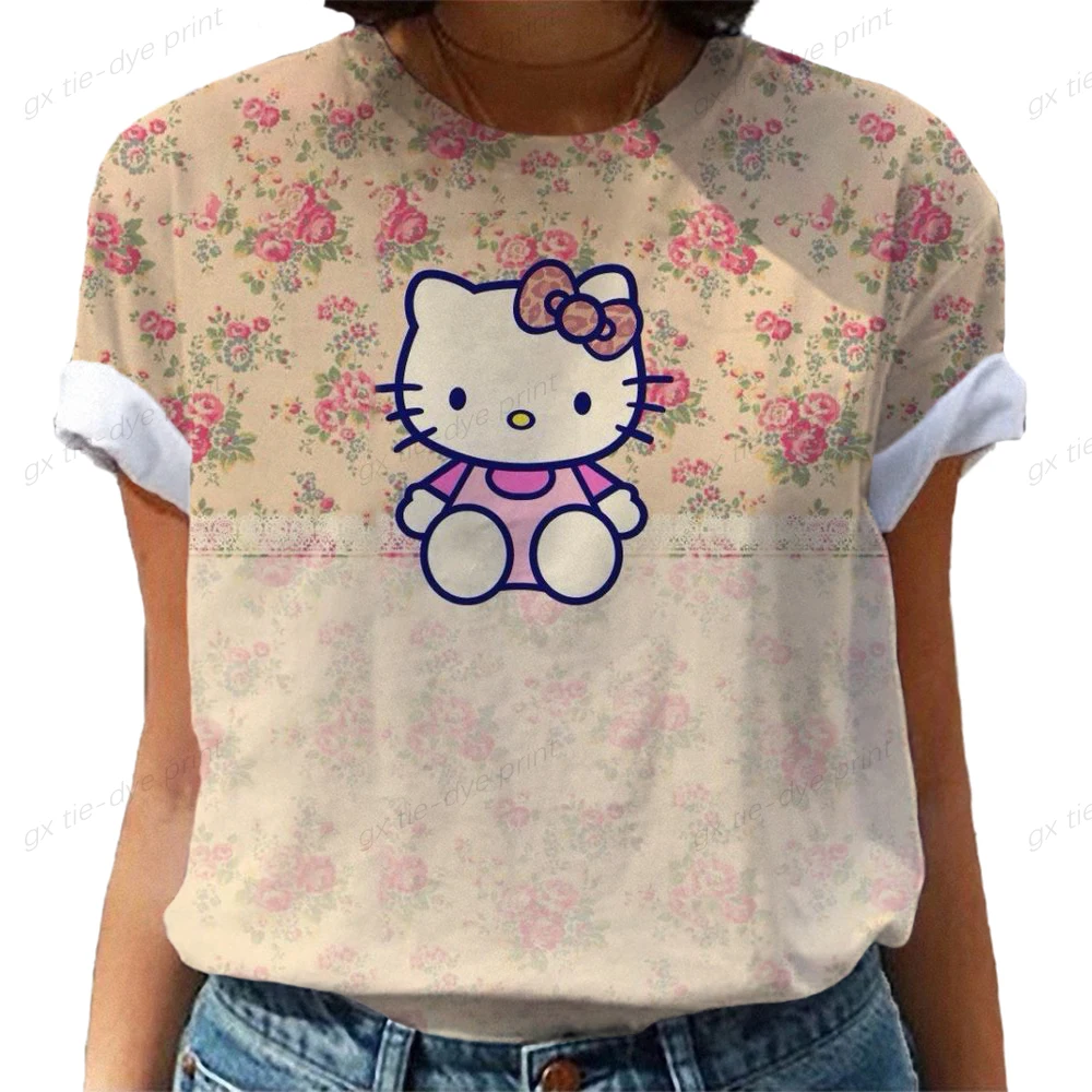 

Женская футболка с рисунком Hello Kitty, летняя футболка с коротким рукавом и графическим принтом, женская одежда, повседневные футболки