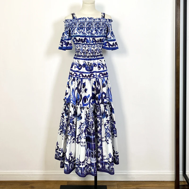 

Summer Vacation Beach Dress Runway Design Women's Spaghetti Strap Blue and White Porcelain Print Slim Dresses Vestidos M257