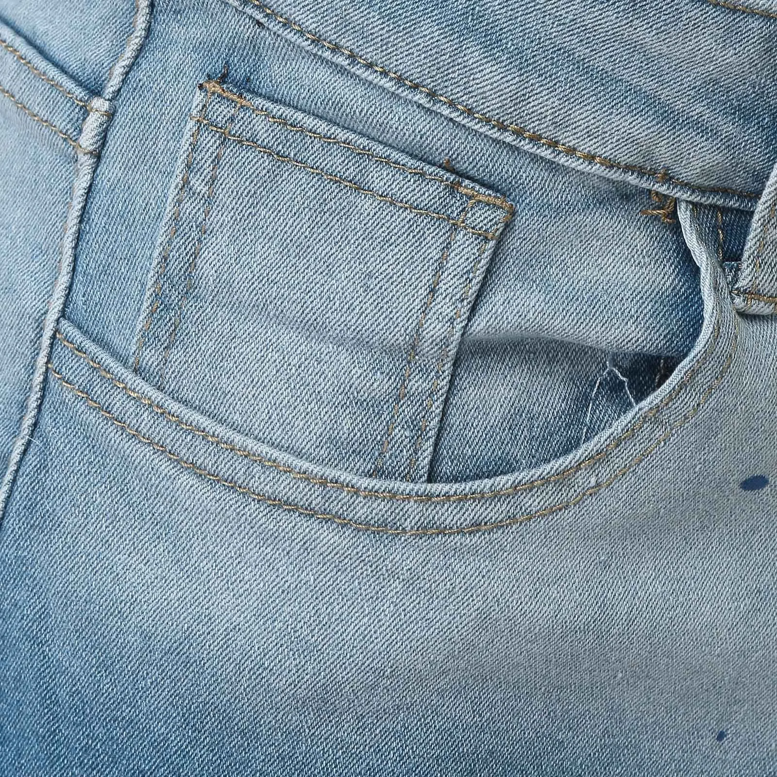 Men's Summer Middle Waist Pant Shorts Micro Elastic Hole Worn Hole Shorts Zipper Open Five Point Denim Shorts