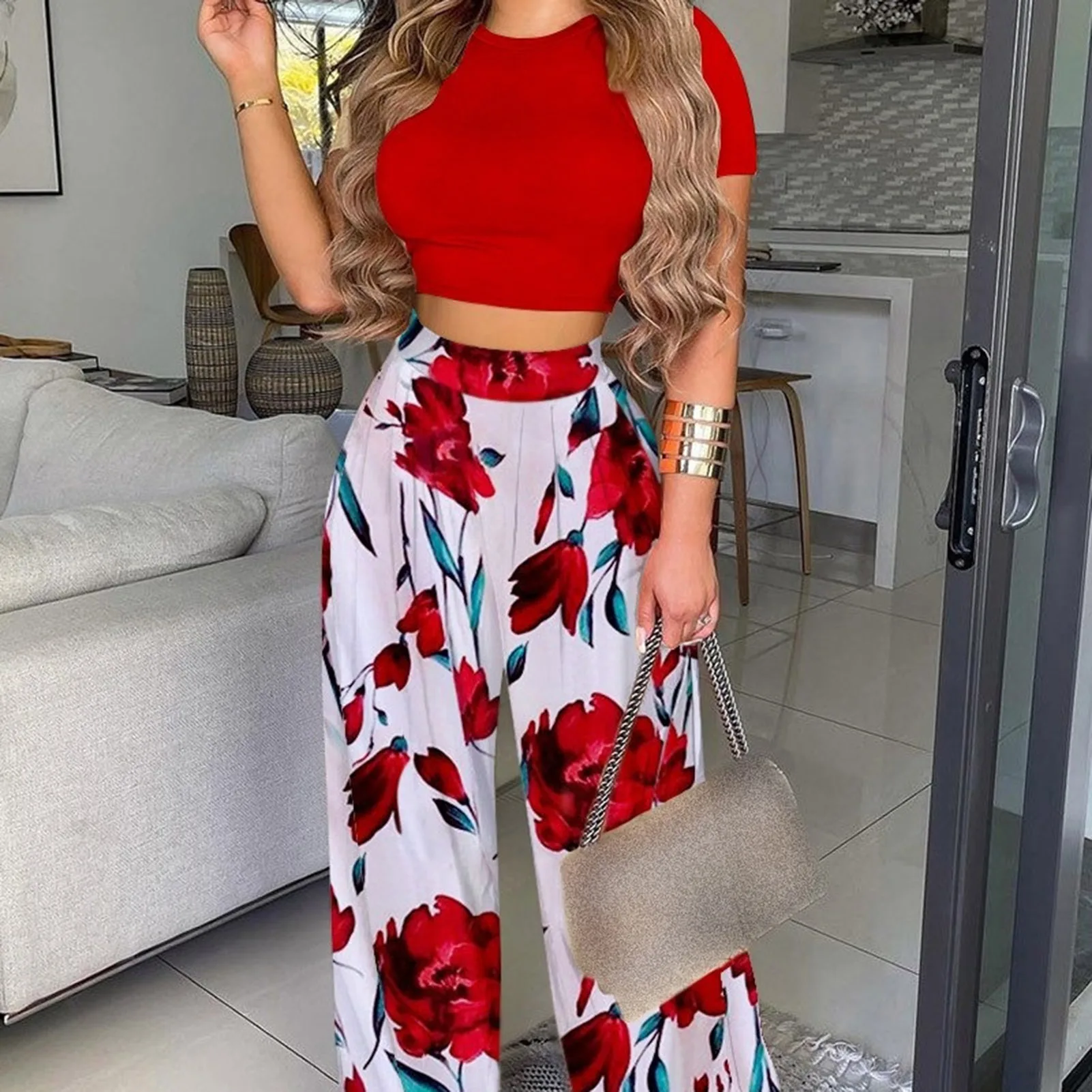 Women Solid Casual Fitness Tracksuit Set 2023 Summer Elegant Outfits Short Sleeve Crop Tops Trouser Flare Pants 2 Two Piece Set