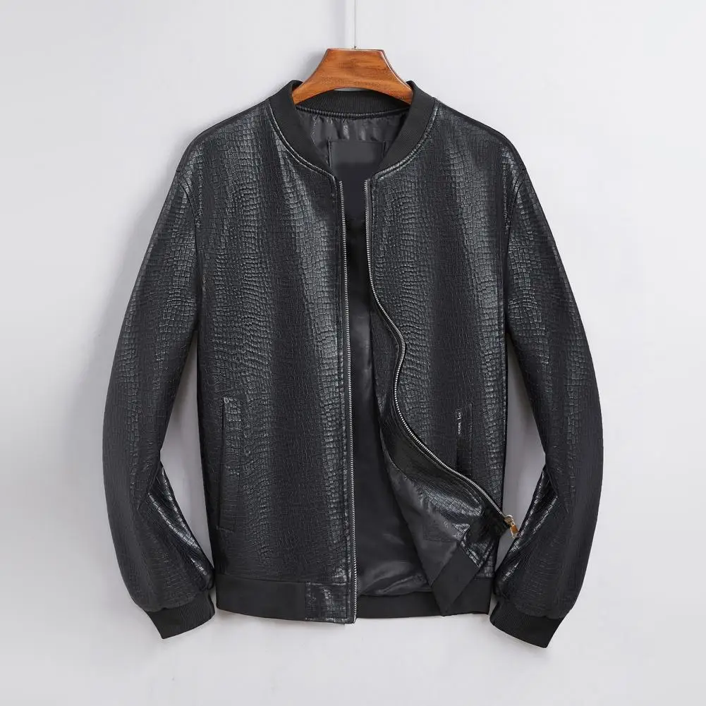 

Cool Stylish Retro Ribbed Cuff Coat Faux Leather Men Coat Stand Collar for Daily Wear