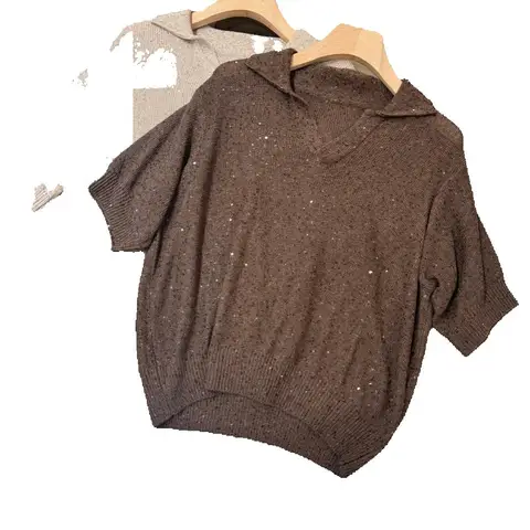 Женская элегантная однотонная льняная блузка-поло с короткими рукавами