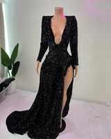 sexy black sequin mermaid long evening dresses 2022 women african girl v neck with long sleeves high slit party prom dress