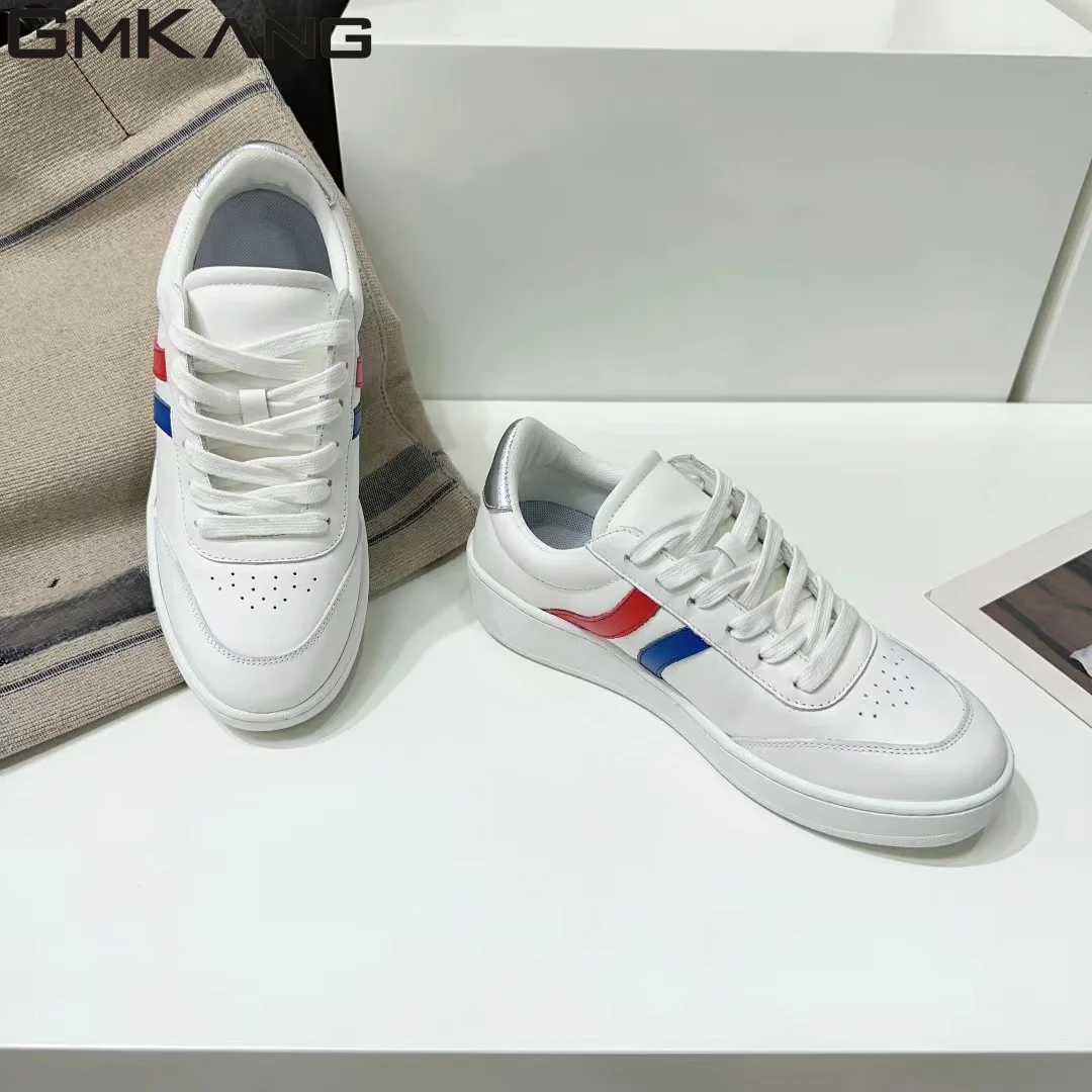 Thick soled casual shoes for women, genuine leather lace up small white shoes for women, round toe casual flat bottomed sports s