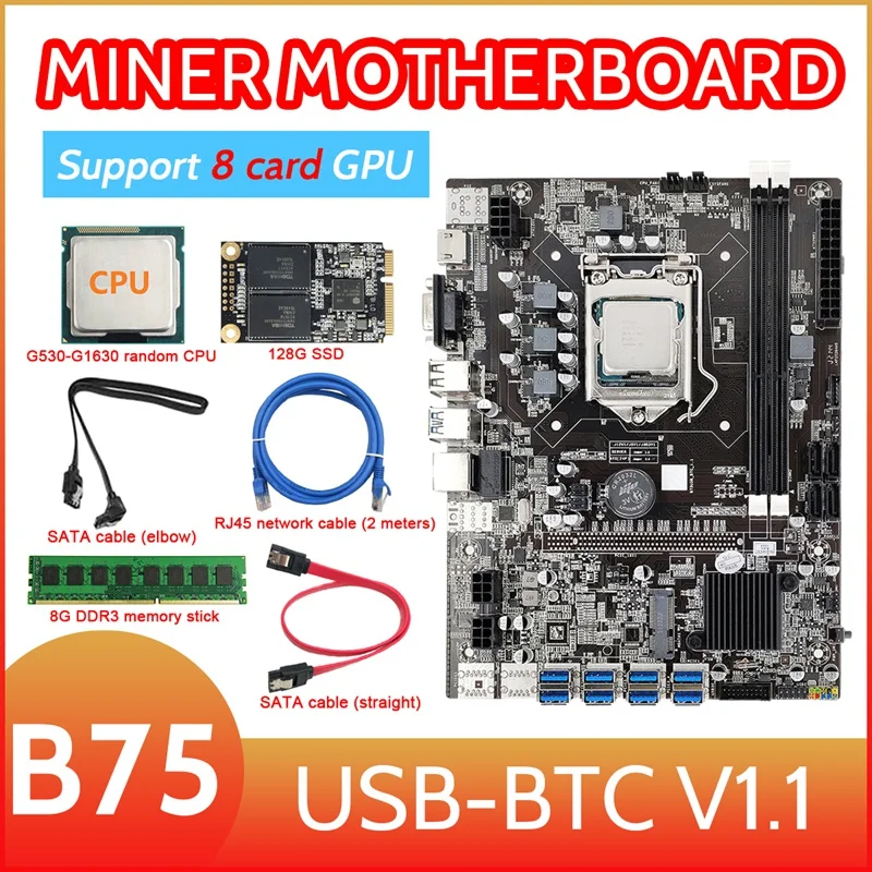 B75 8 Card BTC Mining Motherboard+CPU+8G DDR3 RAM+128G SSD+2XSATA Cable+Network Cable 8XUSB3.0 GPU LGA1155 DDR3 MSATA