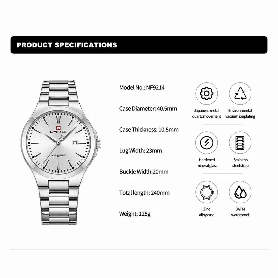 NAVIFORCE Роскошные модные мужские часы с ремешком из нержавеющей стали деловые