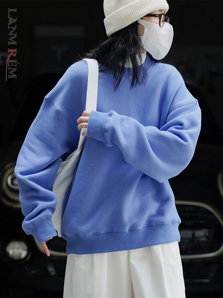 

LANMREM 2023 Winter New Casual Sweatshirt Round Neck Long Sleeves Solid Color Loose Warm Comfortable Top Women 2R8500