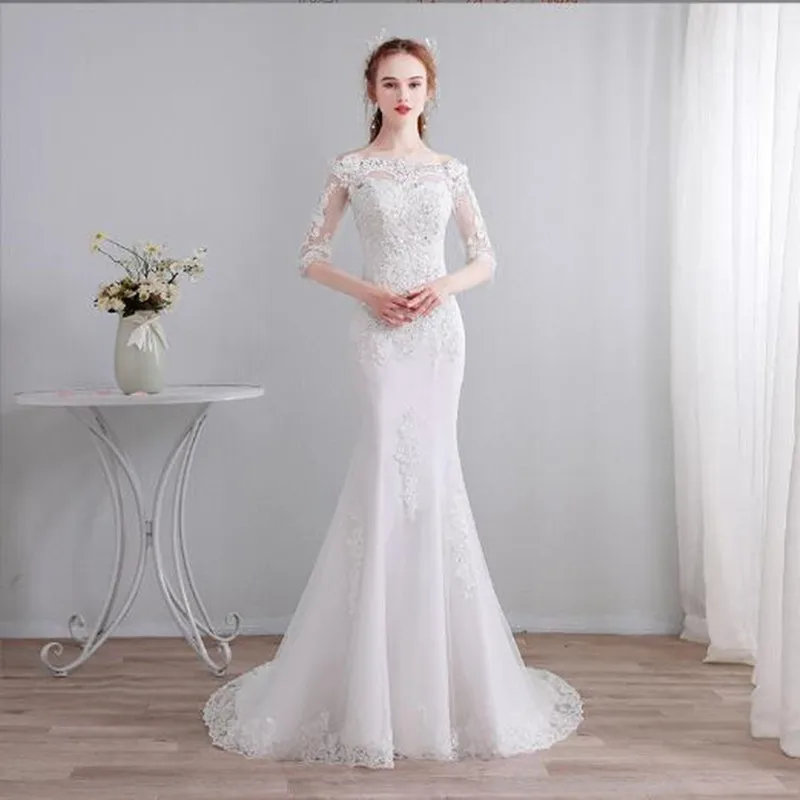 

Luxury Half Sleeve Wedding Dresses Sequines Bride Gown Robe De Mariée Lace Appliques Mermaid Court Train Vestidos De Novia