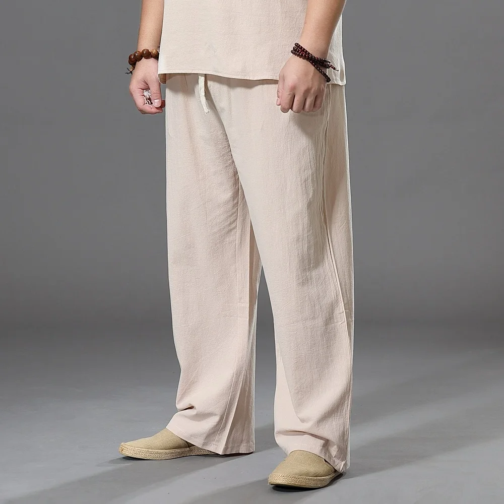 Pantalones de algodón de talla grande para hombre, pantalón de lino de pierna ancha, holgado, de verano