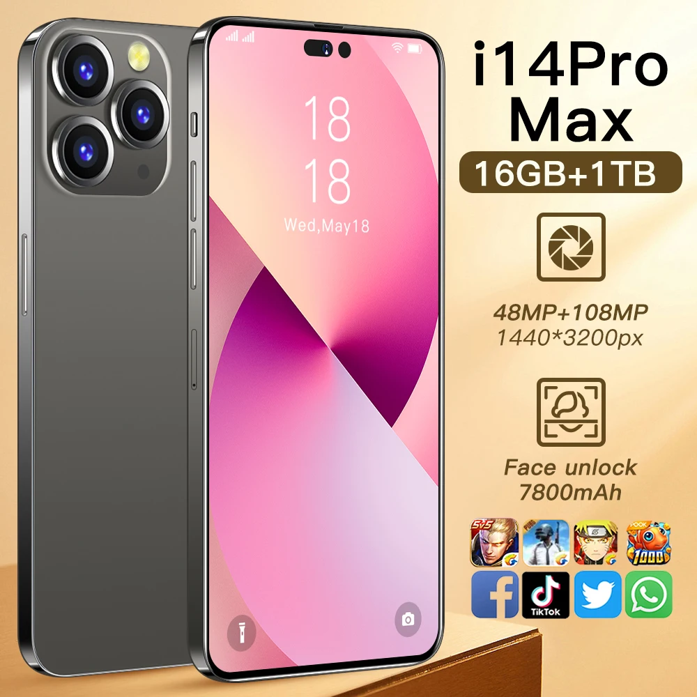 

Global Version i14 Pro Max 6.8in Smartphone 16GB+1T 48+108MP 7800mAh Cellphone Unlock Dual SIM Dual Standby Face Unlock Phone
