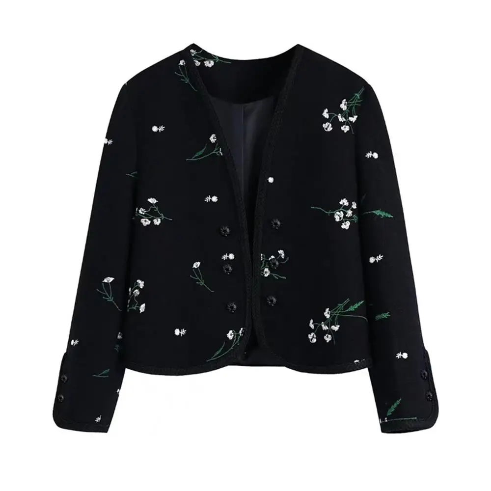 

MESTTRAF Sexy Design 2022 Women Contrast Embroidered Tweed Cropped Open Jacket Coat Vintage Long Sleeve Female Outerwear