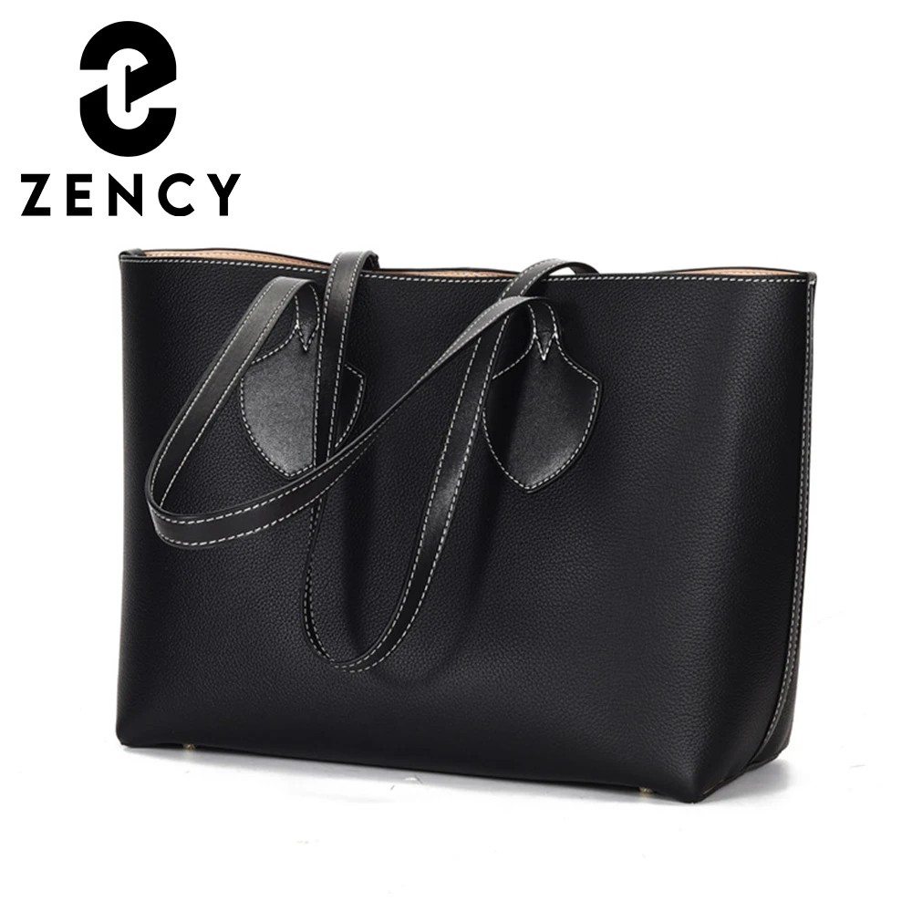 Zency New Genuine Leather Bag Designer Retro Women Shoulder Bags Panelled A4 Tote Commuter Female Large Capacity Bucket Handbag