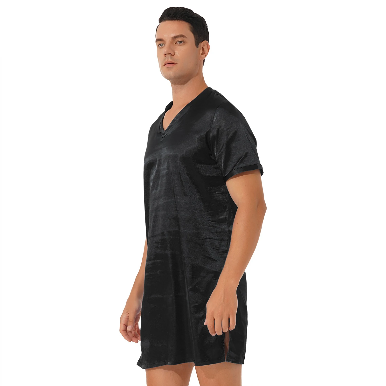 2023 New Men Women Satin Nightgown Sleep Robes V Neck Short Sleeve Sides Split Sleepwear Nightclothes Homewear Summer Nightwear