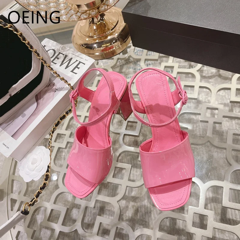 

Fashion Sheepskin High Heel Sandals Elegant Female Patent-leather Jelly Sandals Luxurious Party Square Heel Women Wedding Shoes