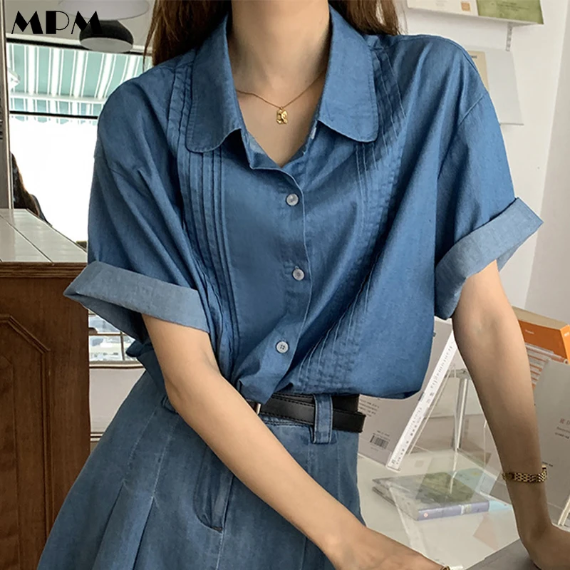 Summer Casual Women's Denim Shirt Loose Fashion Solid Short Sleeve Ladies Top All-Match Thin Women Blouse 2022 New