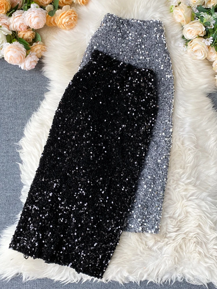 

FTLZZ Women Sequins Pencil Skirts Korean Elegant Mid Length Bodycon Jupe Spring Sexy Femme Trend High Waist Slim Shinny Skirt