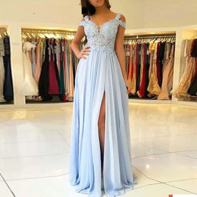 

ANGELSBRIDEP Sky Light Blue Prom Dress Chiffon A Line Lace Applique Women Long Elegant Formal Gown Evening Wedding Party Dresses
