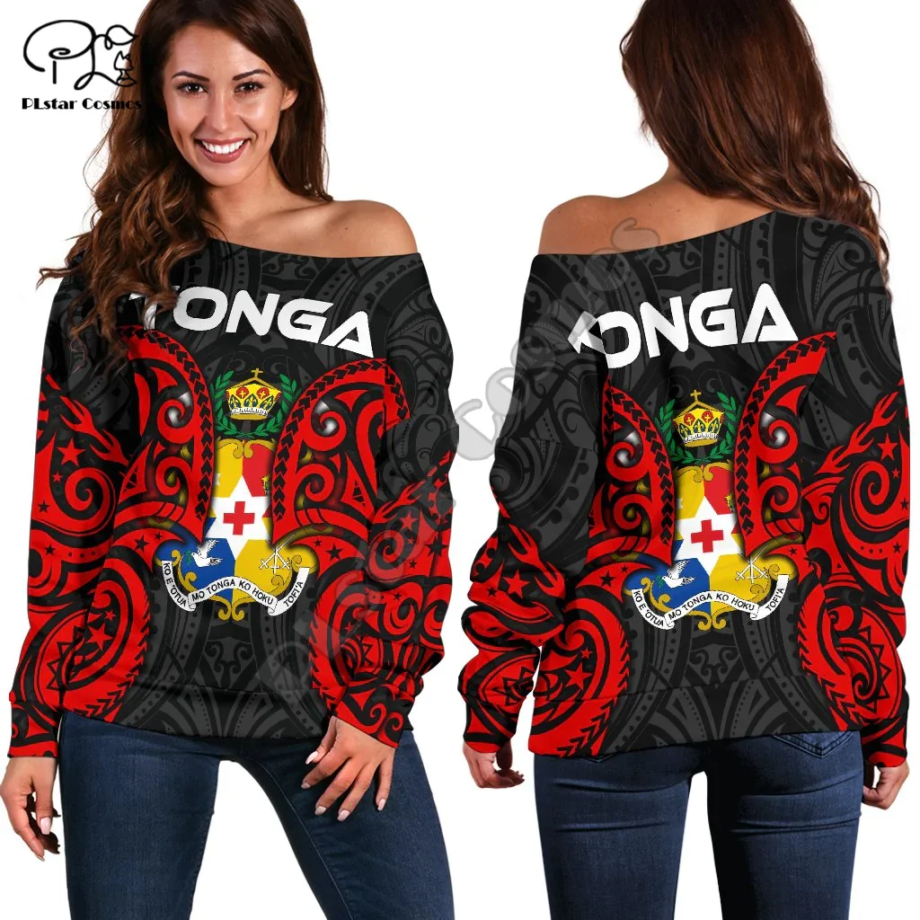 

Polynesian Country Tonga Island Flag Tattoo Tribal 3DPrint Women Casual Funny Harajuku Off Shoulder Sweatshirts Long Sleeves X1