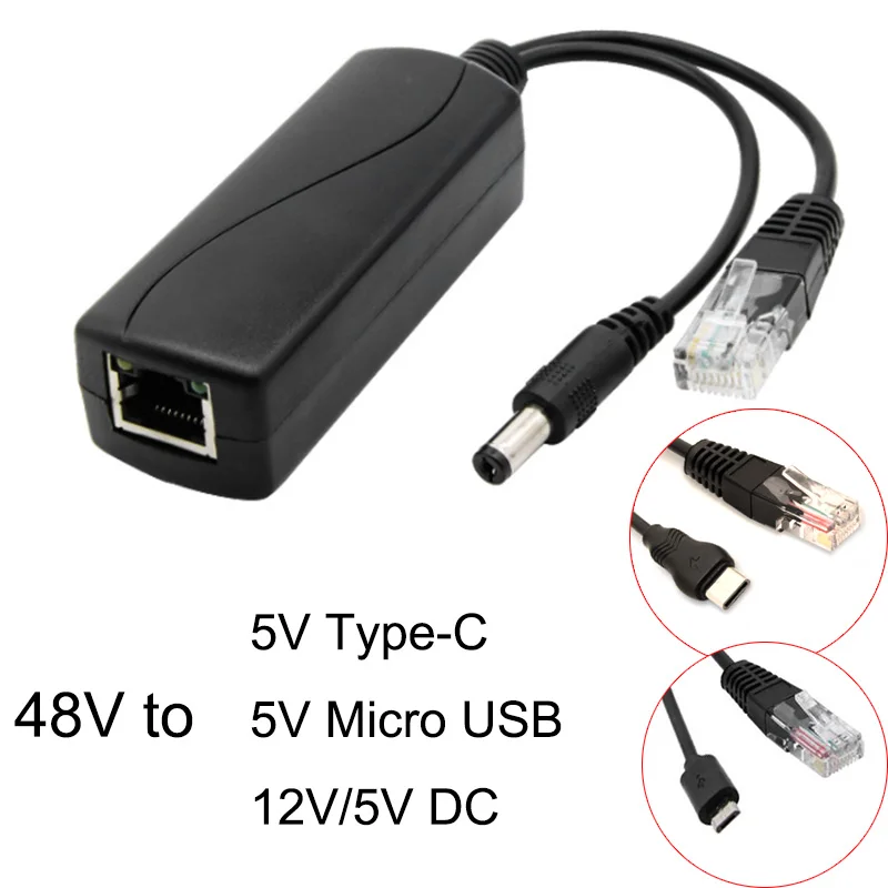 48V To 5V/12V PoE Splitter 5v POE Micro USB tpye-C DC Power supply Over Ethernet Active POE Splitter tpye-C for Raspberry Pi
