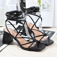 long shoelaces heel shoes 2022 summer new sexy rome cross strap open toe thick heel square head party womens sandals