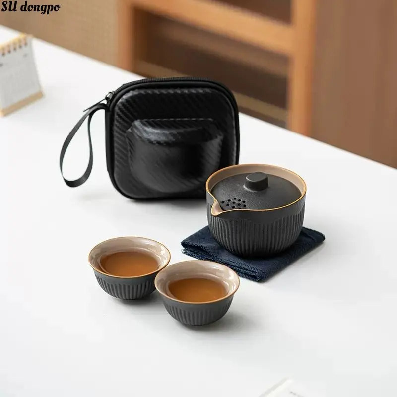 

Portable Travel Tea Set Minimalist Outdoor Storage Bag One Pot Two Cups Express Cup Simple Gaiwan Wholesale of Business Gifts