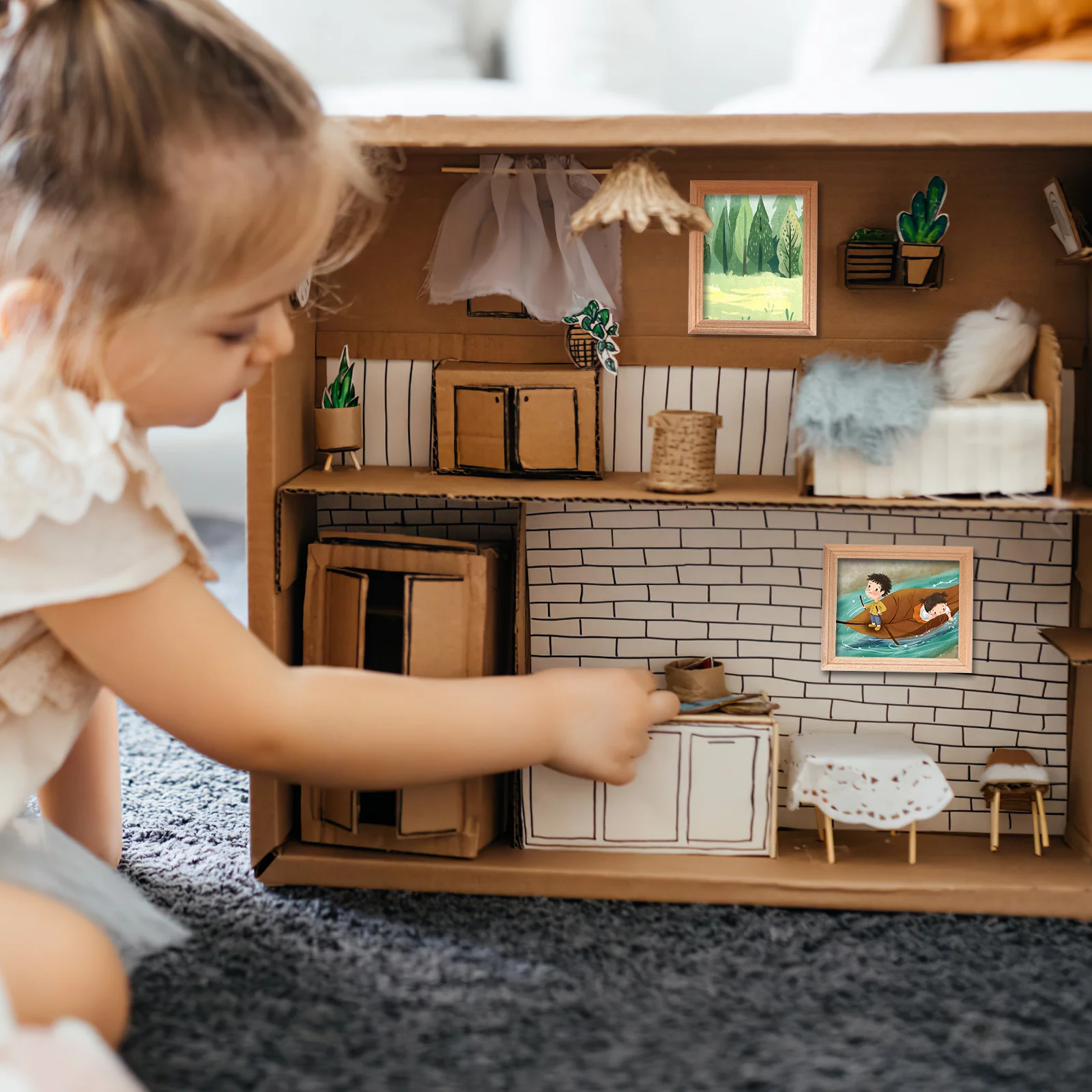 6 Pcs Miniature Figures Mirror House Furniture Photo Frames Picture Retro Decor