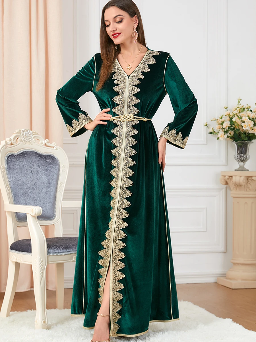 Dresses For Women 2023 Luxury Designer Abaya Floral Embroidery Guipure Lace Panel Belted Kaftan Velvet Long Sleeve Party Dresses