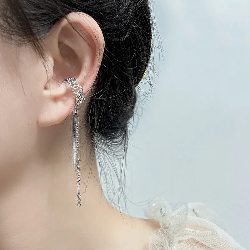 

French Geometric Tassel Long Clip Earrings Super Fairy Overlapping Circle Chain Metal Jewelry for Women Girls Banquet Party Gift