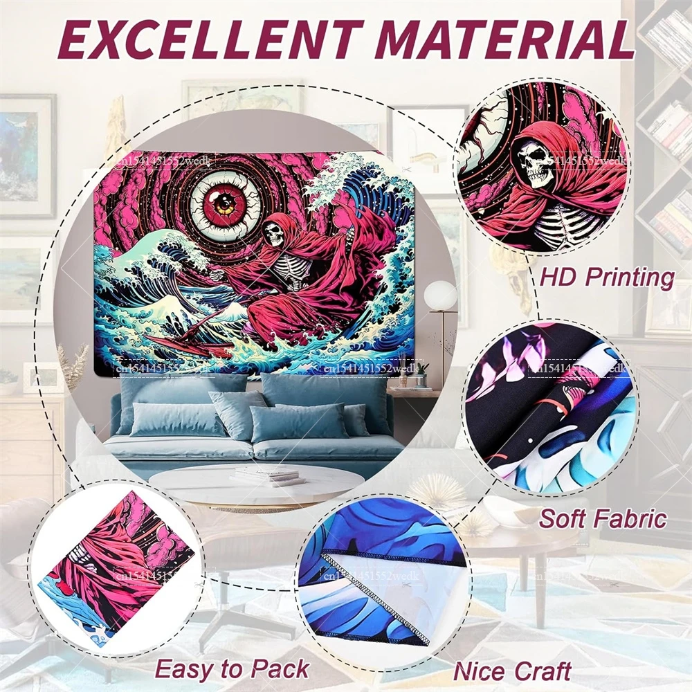 Готический настенный гобелен с черепом и волнами в японском стиле