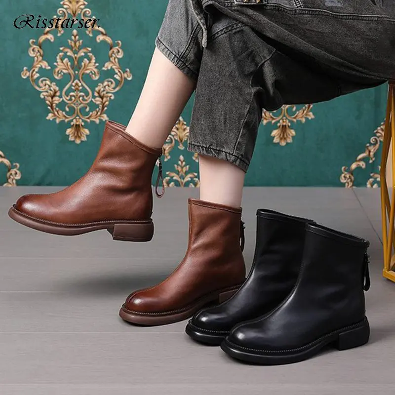 Risstarser Ankle Boots for Women Retro PU Leather Round Toe Zipper Women Short Boots Fashion Platform Shoes Autumn Winter 2022
