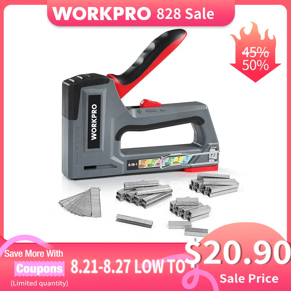 WORKPRO Light Duty Nail Gun 6-in-1 Staple Gun Manual Brad Nailer Upholstery Stapler for Decoration And Carpentry