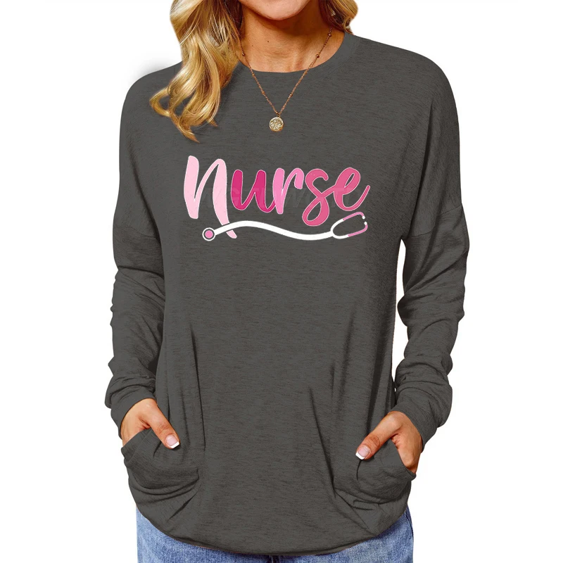 Stethoscope Nurse Graphic Tee Clothes Nursing School T-shirts Pink Top Registered Gift Crew Neck Long Sleeve T-shirt