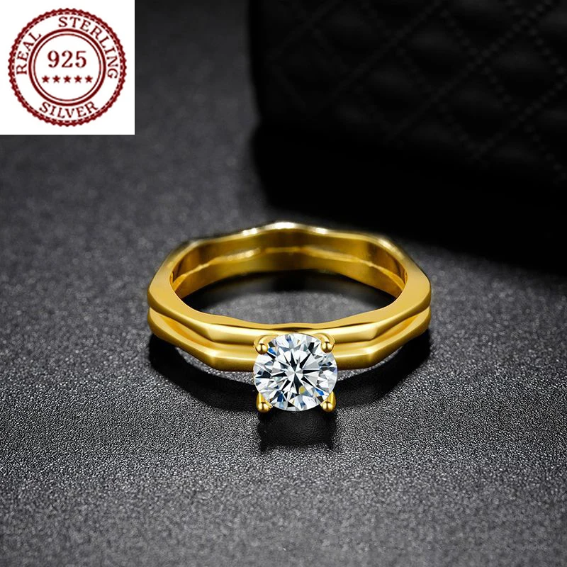 

S925 Silver Gold-plated Fashion Simulation Moissanite Couple Diamond Ring Geometric Design Jewelry Tanabata Valentine's Day Gift