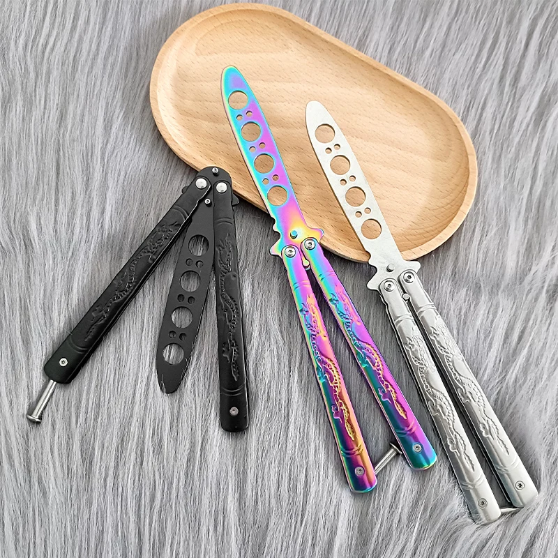 Not edge Portable Folding Butterfly Knife CSGO Balisong Trainer Stainless Steel Pocket Practice Knife Dragon Pattern Handle