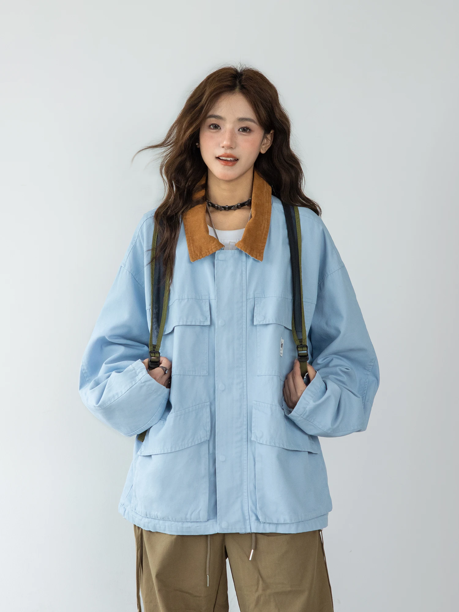 Женская винтажная куртка-карго с отложным воротником