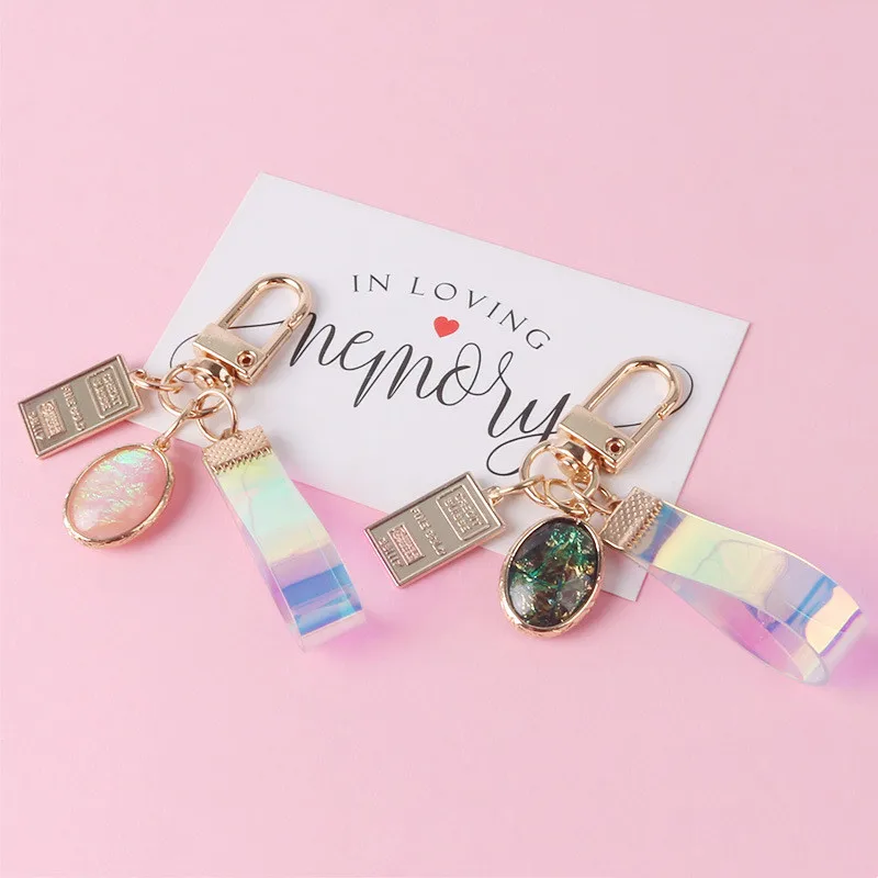 1pc Exquisite Magic Color Leather Cord Keychain Retro Pink Gem Pendant With Key Ring Ladies Handbag Phone Ornaments Accessories