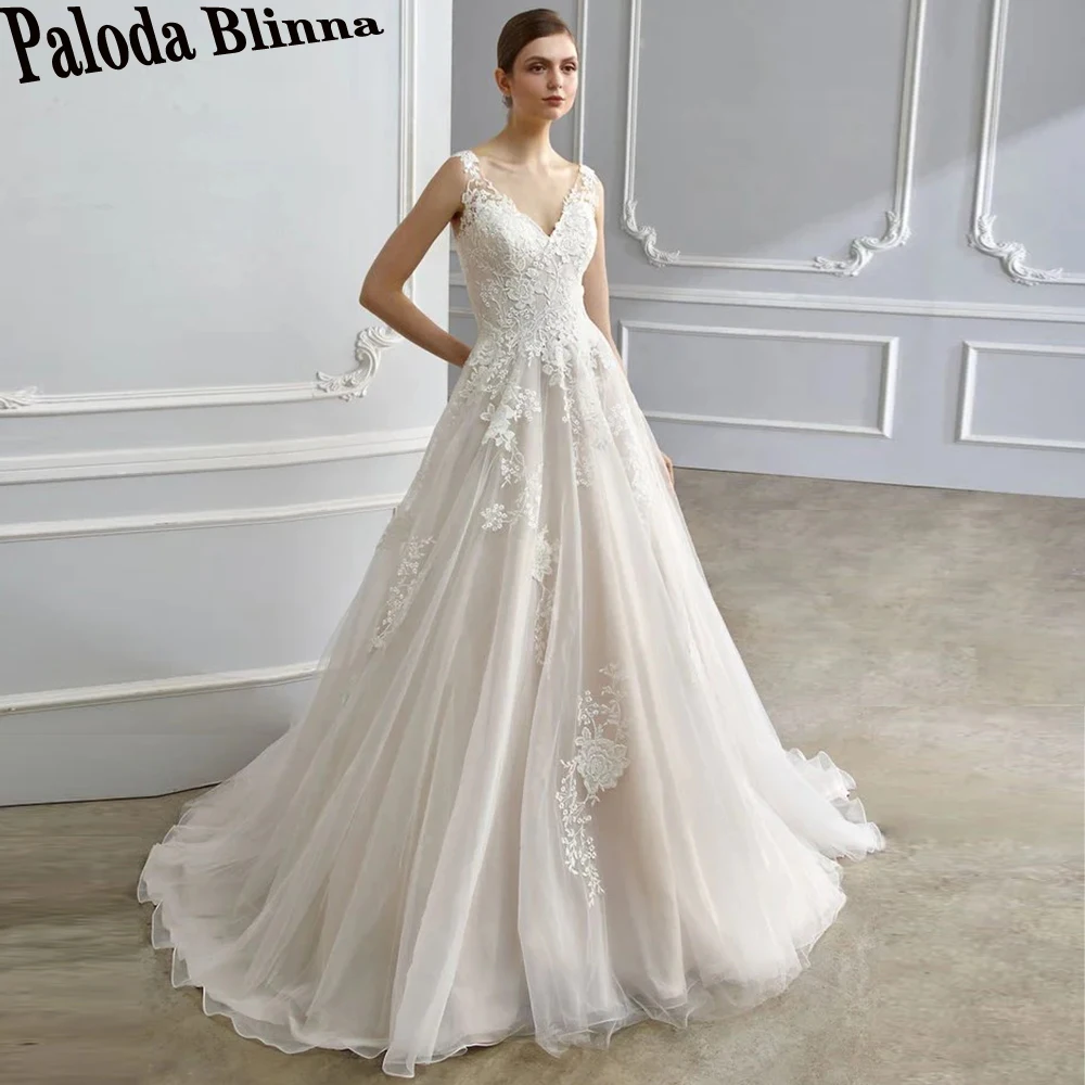 

Paloda Generous V-Neck Backless Wedding Dresses 2023 Bride A-LINE Tank Sleeveless Tulle Bruch Train Button Vestidos De Novia