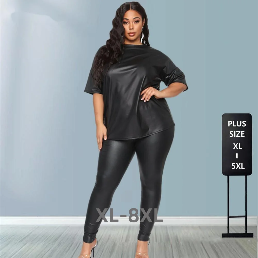 Plus Size Pu Two Piece Women Pants Sets Fashion Streetwear Half Sleeve Black Tshirt Elastic Waist Pants Whole 3xl 4xl 5xl 6xl