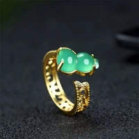 hot selling natural hand carved refined copper plating 24k inlaid jade gourd ring fashion jewelry men women luck gifts