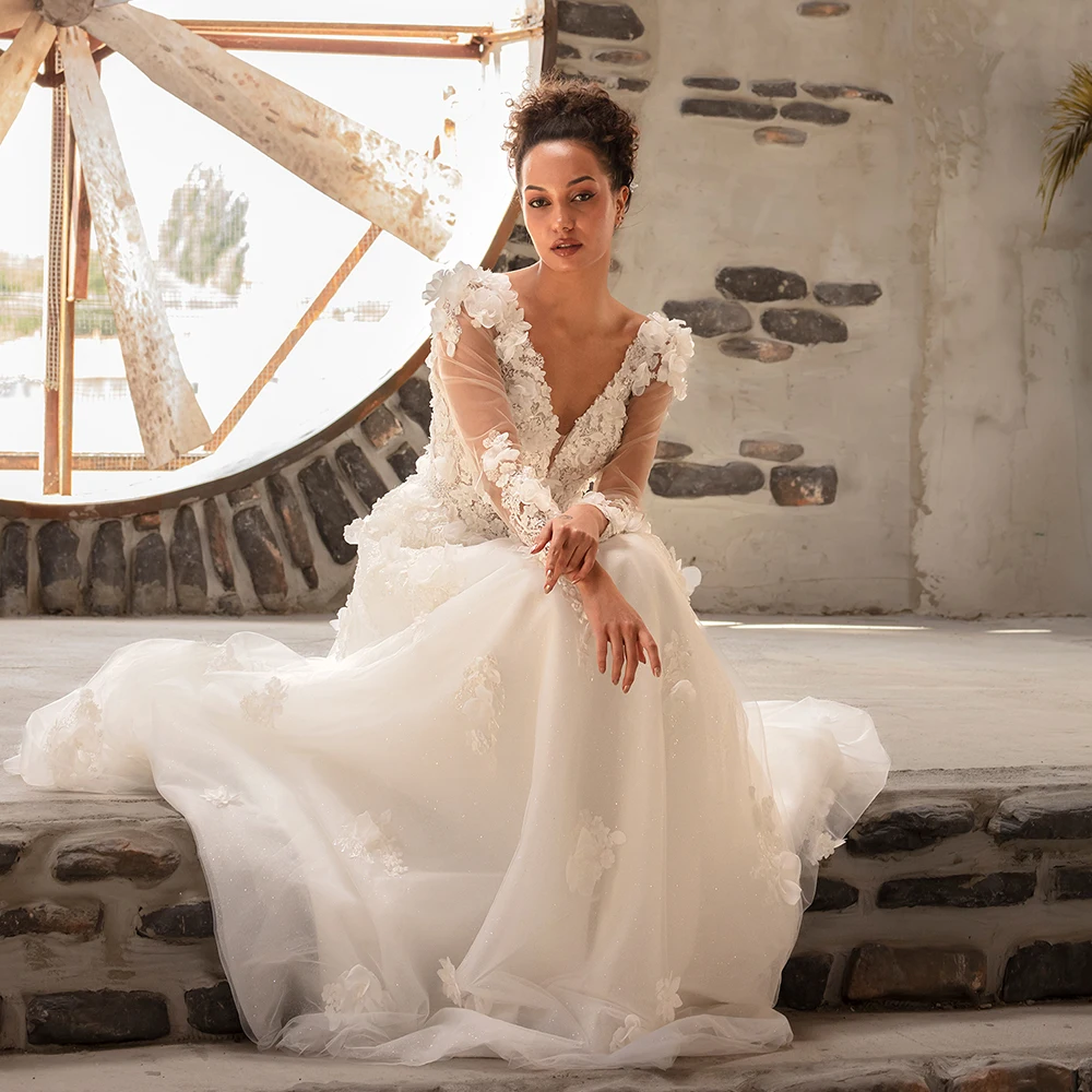 

Женское свадебное платье принцессы, элегантное ТРАПЕЦИЕВИДНОЕ ПЛАТЬЕ с длинными рукавами, V-образным вырезом, цветочной кружевной аппликацией, открытой спиной, индивидуальный пошив, 2023 Rode De Morrie