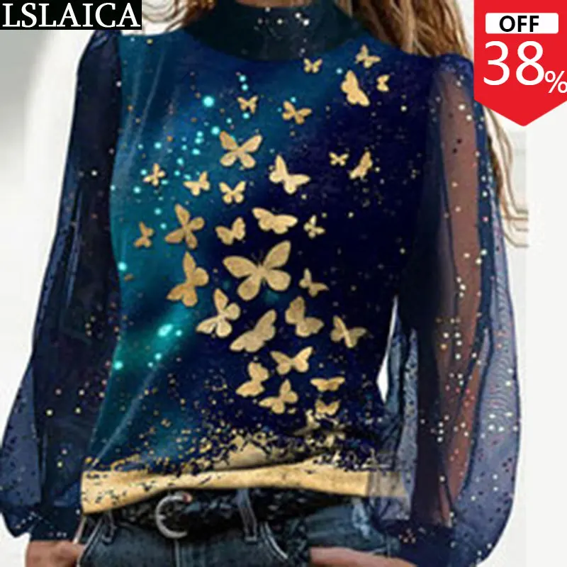 

Графические футболки с принтом бабочки, футболка с длинными рукавами, с пышными рукавами, Повседневная модная сетчатая рубашка в стиле пэчв...