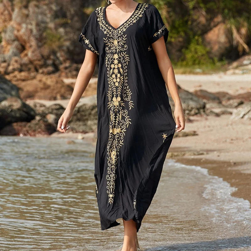 

Women Kaftan Dress V Neck Side Split Beach Long Maxi Dress Summer Embroidered Short Sleeve Bikini Cover Up Dress for Swimwear