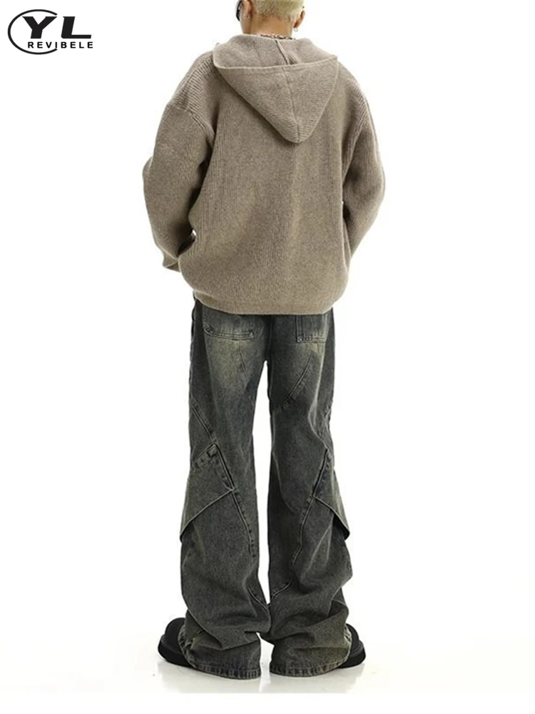 Джинсы мужские Асимметричные в стиле пэчворк винтажные прямые джинсовые брюки